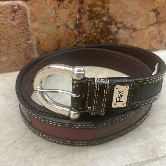 Fossil Women’s Belt Patchwork Color Block Genuine Leather Silver Buckle Size M - Picture 2 of 16